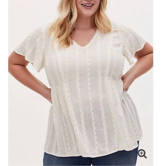 Torrid White Semi Sheer Textured V-Neck Embroidered Boho Top Cottage Core - Picture 4 of 13